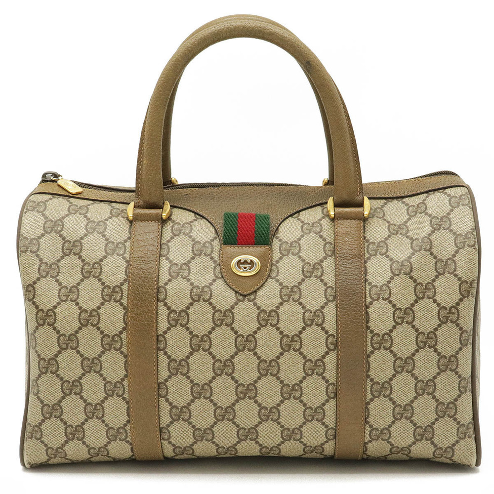 Gucci GG Plus Sherry Boston Handbag Leather Beige Brown Cream Brown